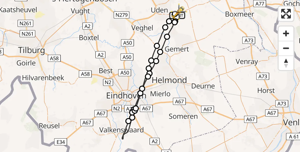 Vluchtroute Traumahelikopter Vliegbasis Volkel - Vliegbasis Volkel, 19 juli 2022, 22:37