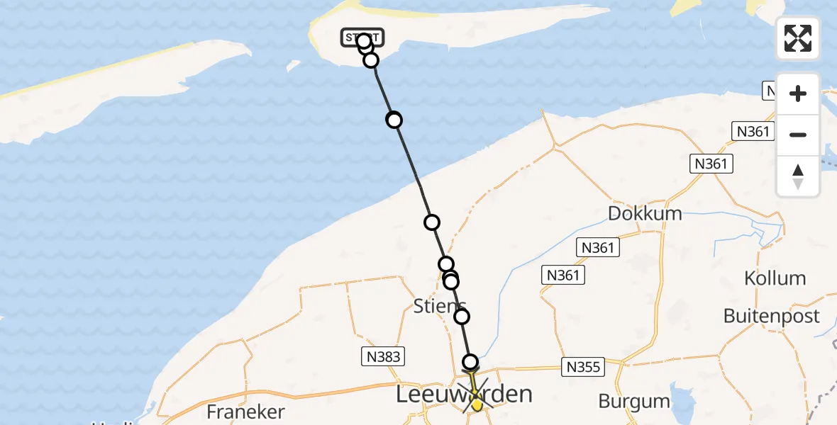 Routekaart van de vlucht: Ambulancehelikopter naar Leeuwarden
