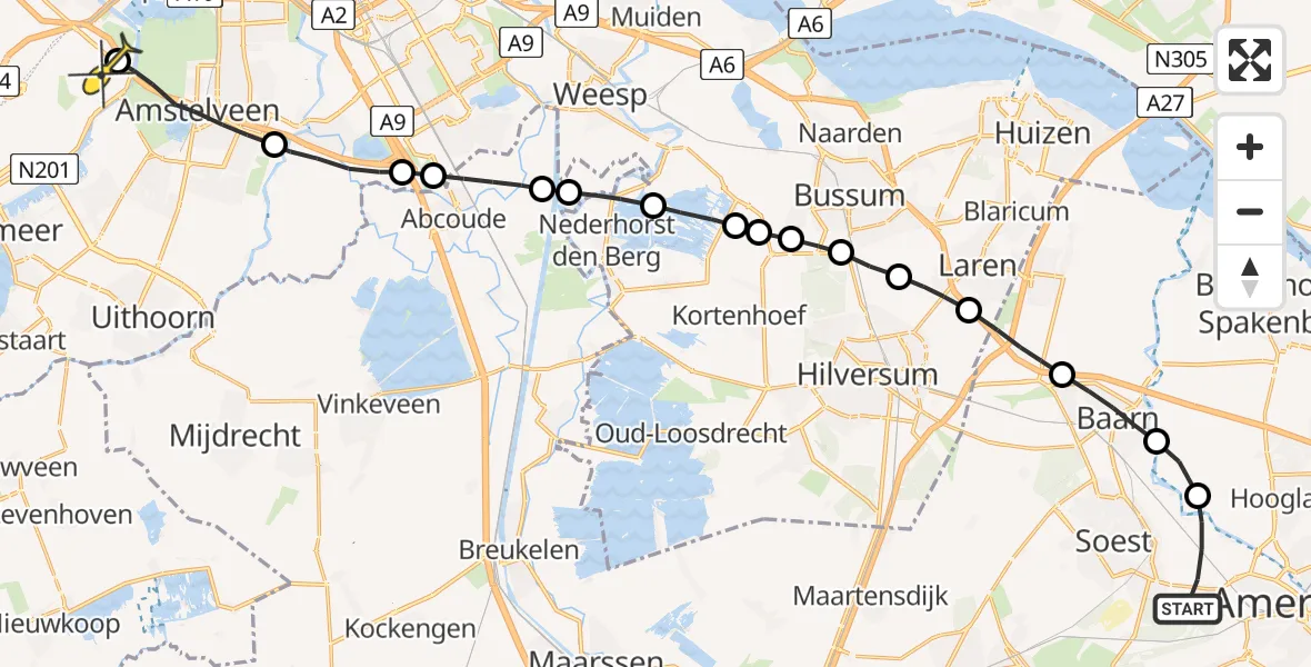 Routekaart van de vlucht: Politieheli naar Schiphol