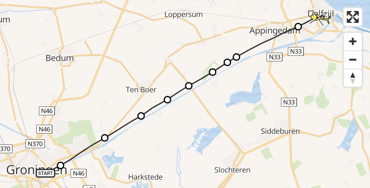 Routekaart van de vlucht: Lifeliner 4 naar Delfzijl