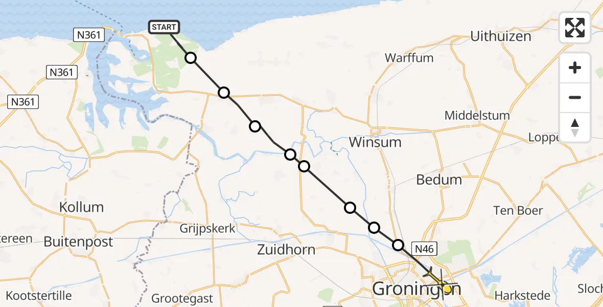 Routekaart van de vlucht: Ambulanceheli naar Groningen