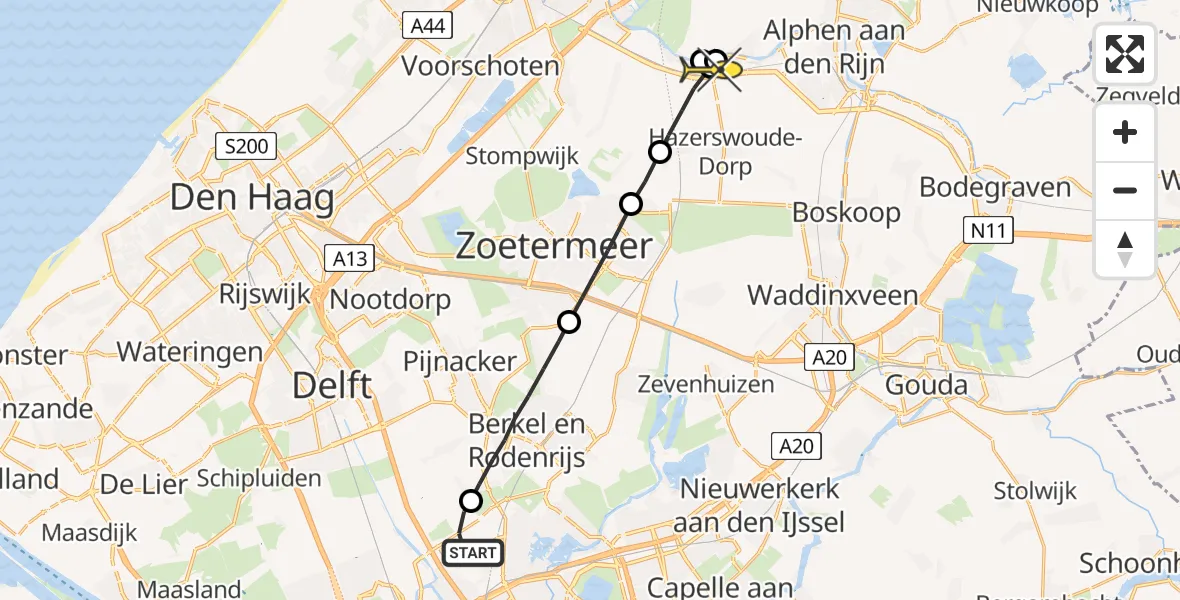 Routekaart van de vlucht: Lifeliner 2 naar Hazerswoude-Rijndijk