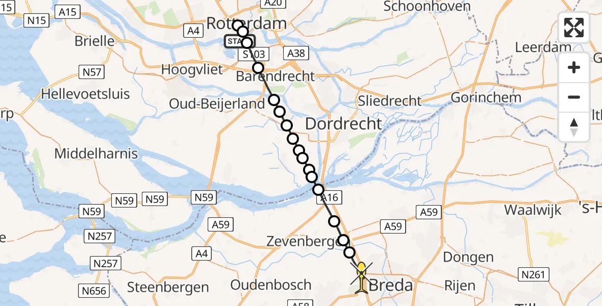 Routekaart van de vlucht: Lifeliner 2 naar Prinsenbeek