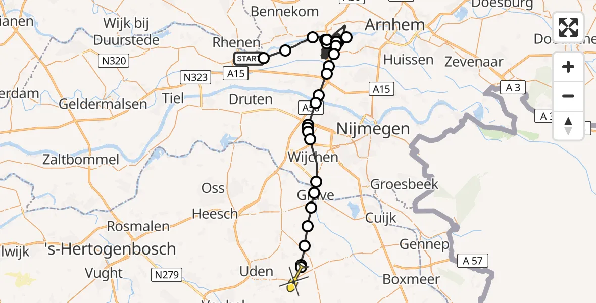 Routekaart van de vlucht: Politieheli naar Vliegbasis Volkel