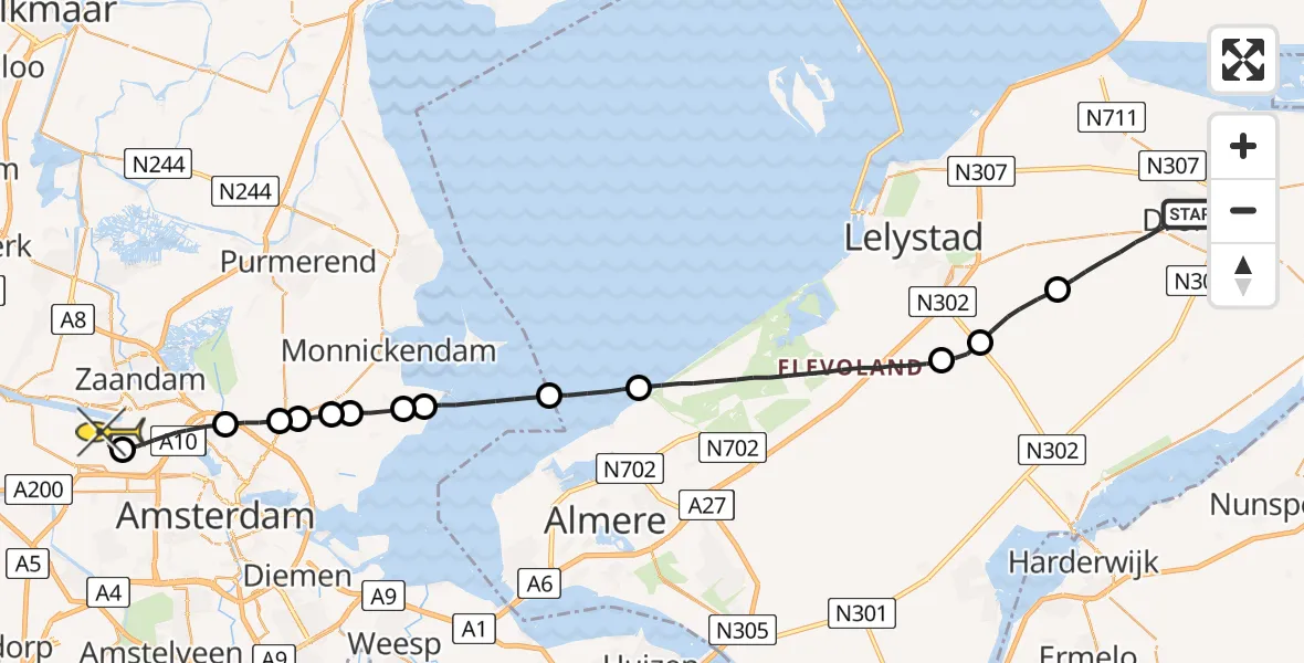 Routekaart van de vlucht: Lifeliner 1 naar Amsterdam Heliport