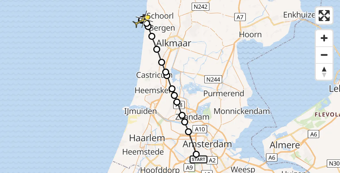 Routekaart van de vlucht: Lifeliner 1 naar Schoorl