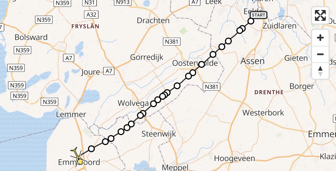 Routekaart van de vlucht: Lifeliner 4 naar Emmeloord