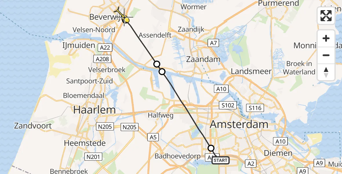 Routekaart van de vlucht: Lifeliner 1 naar Beverwijk