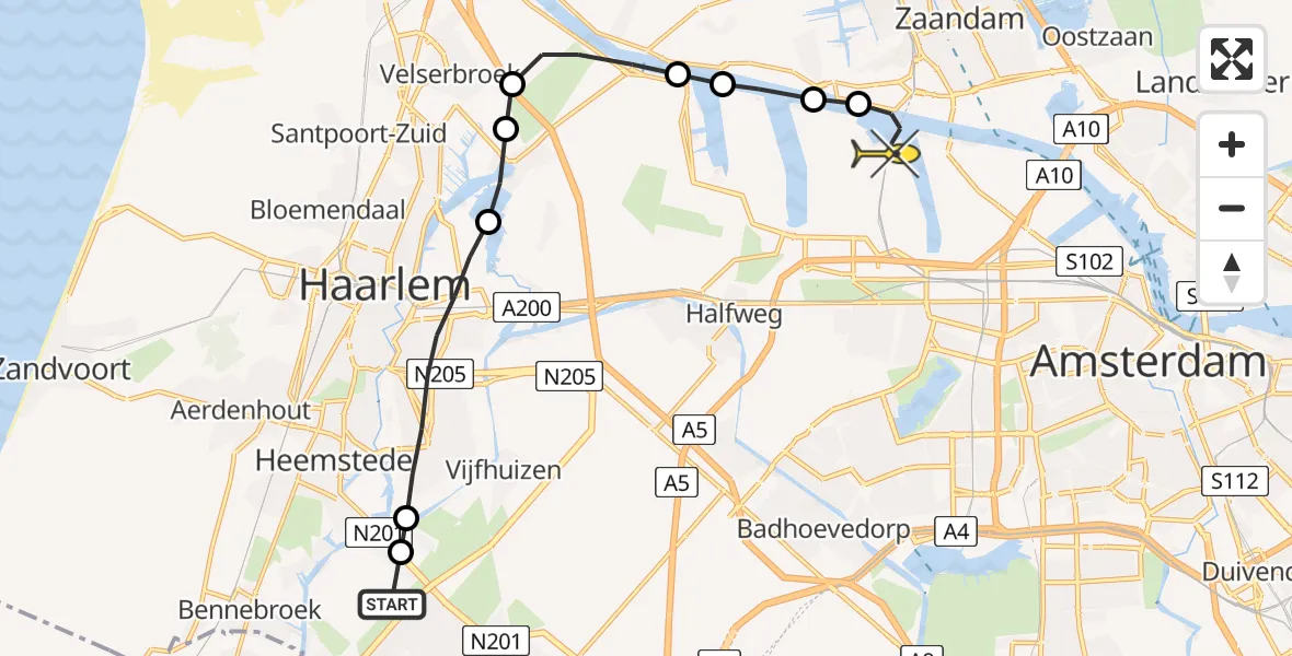 Routekaart van de vlucht: Lifeliner 1 naar Amsterdam Heliport