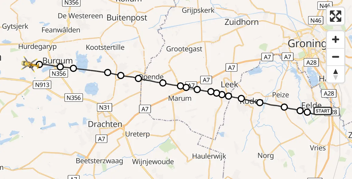Vluchtroute Traumahelikopter Groningen Airport Eelde - Suwâld, 24 juli 2022, 07:32