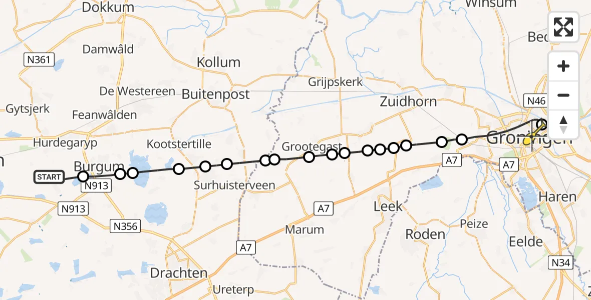 Routekaart van de vlucht: Lifeliner 4 naar Universitair Medisch Centrum Groningen