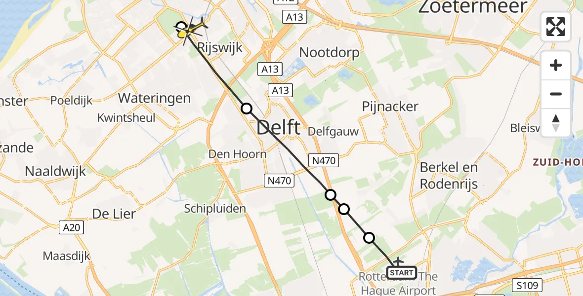 Routekaart van de vlucht: Lifeliner 2 naar Den Haag