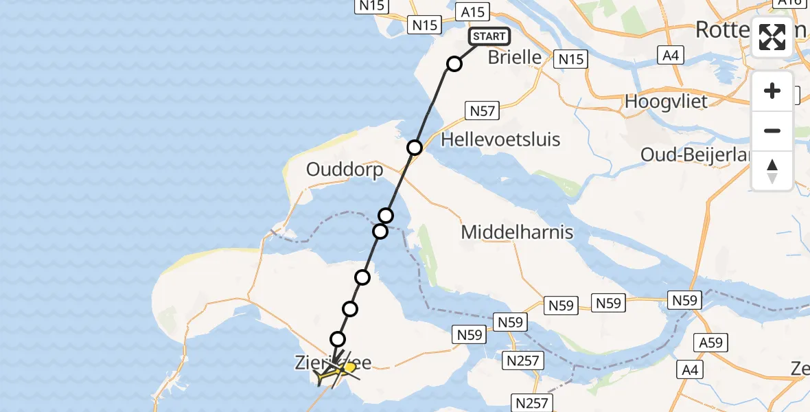 Routekaart van de vlucht: Politieheli naar Zierikzee