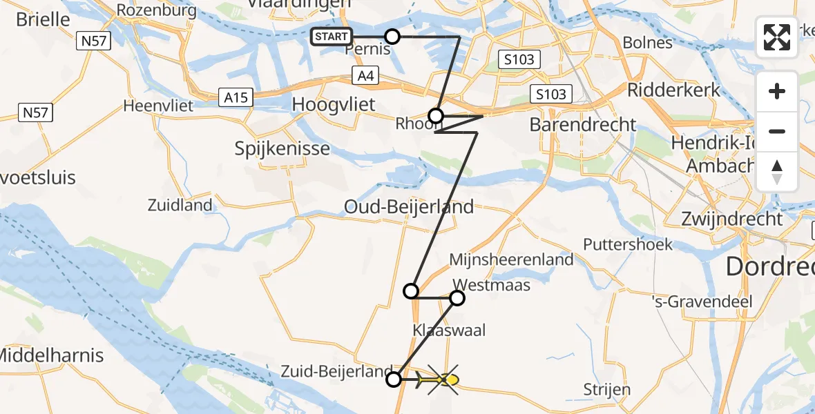 Routekaart van de vlucht: Politieheli naar Vliegveld Numansdorp