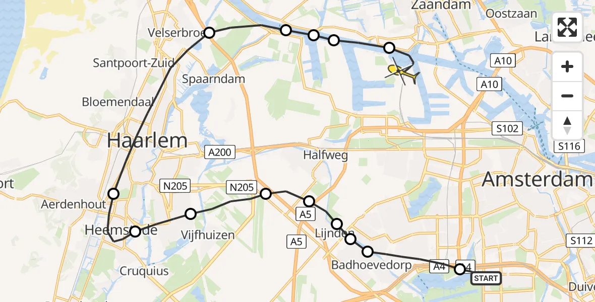 Routekaart van de vlucht: Lifeliner 1 naar Amsterdam Heliport