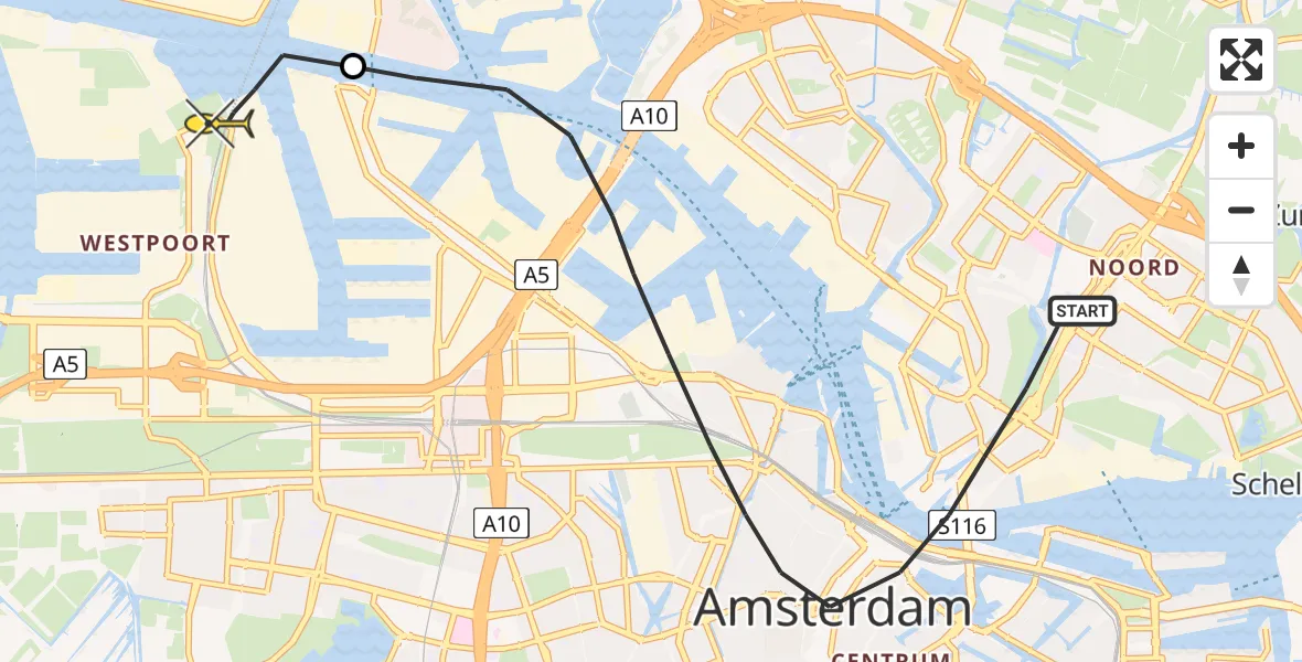 Routekaart van de vlucht: Lifeliner 1 naar Amsterdam Heliport