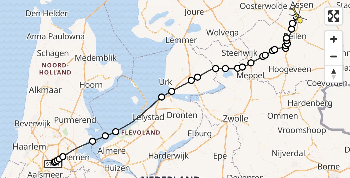 Routekaart van de vlucht: Politieheli naar Assen