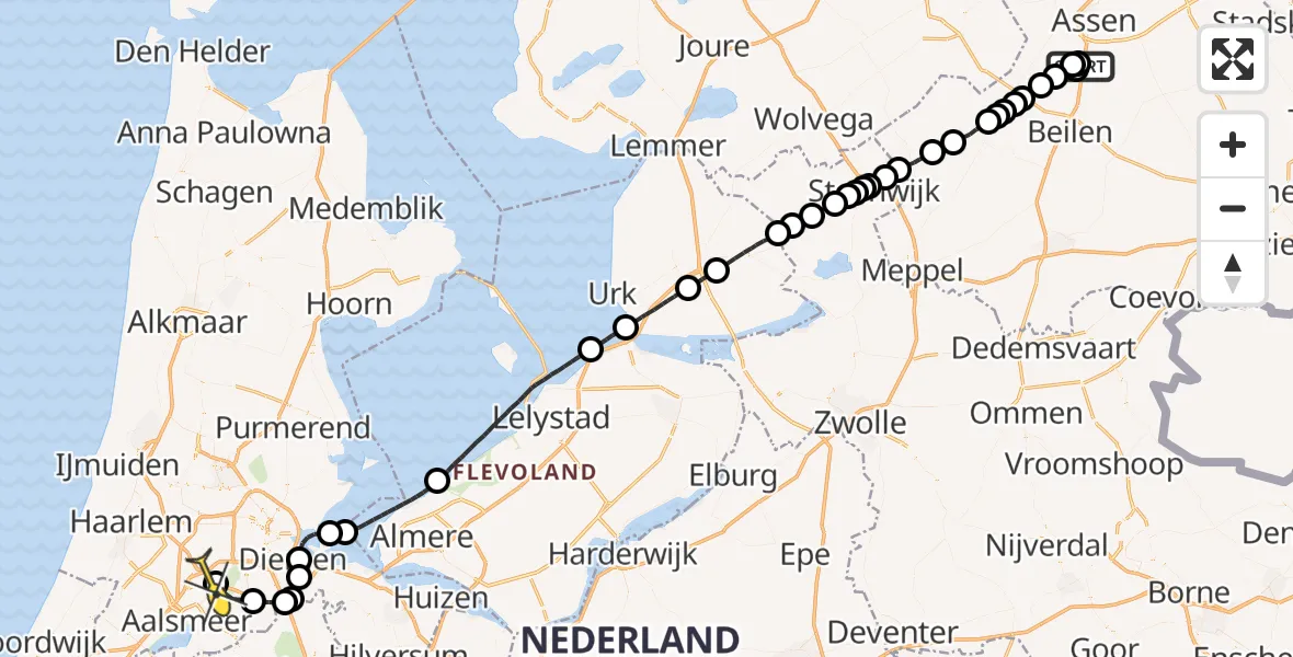 Routekaart van de vlucht: Politieheli naar Schiphol