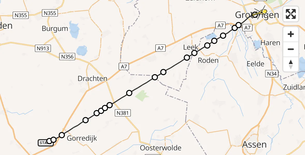 Routekaart van de vlucht: Lifeliner 4 naar Universitair Medisch Centrum Groningen