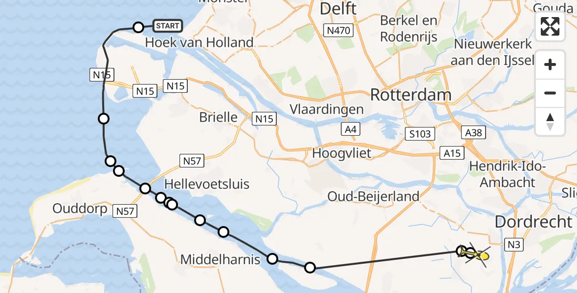 Routekaart van de vlucht: Politiehelikopter naar 's-Gravendeel