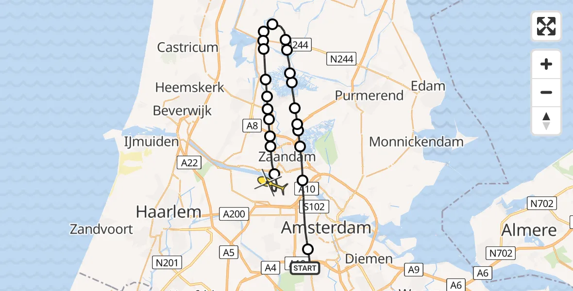 Routekaart van de vlucht: Lifeliner 1 naar Amsterdam Heliport
