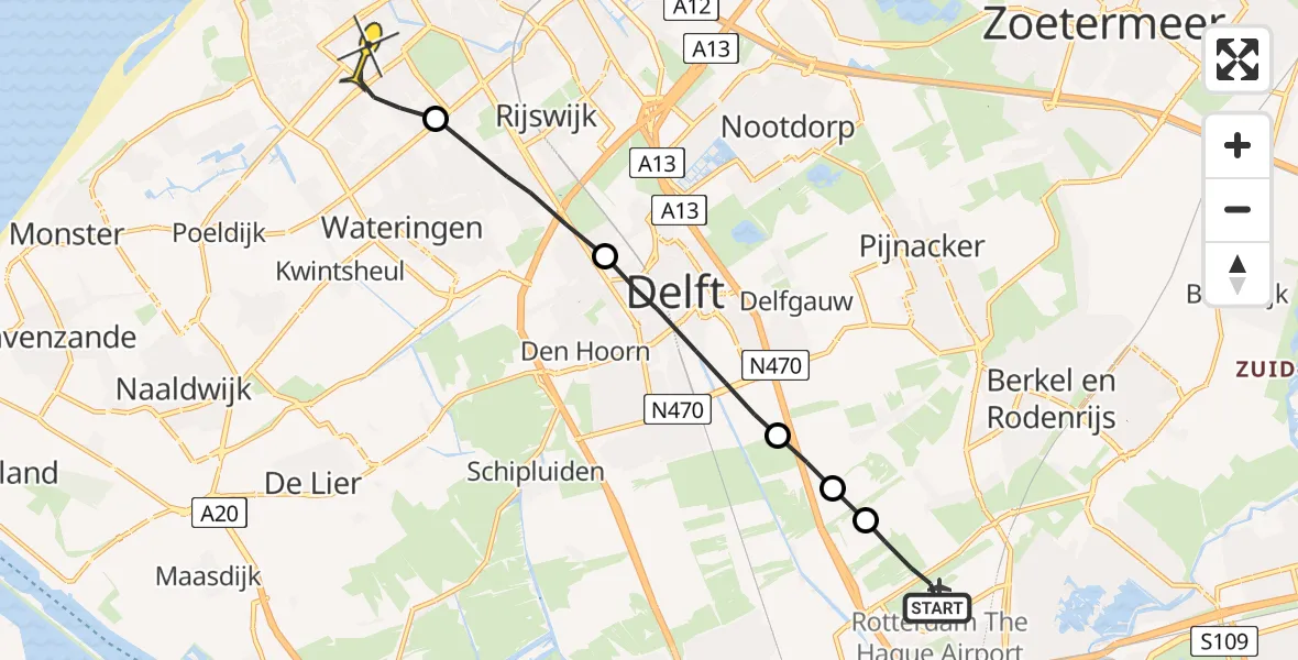 Routekaart van de vlucht: Lifeliner 1 naar Den Haag