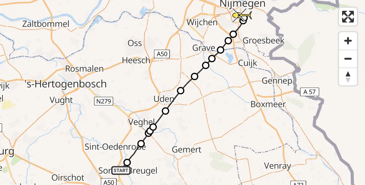 Routekaart van de vlucht: Lifeliner 3 naar Radboud Universitair Medisch Centrum