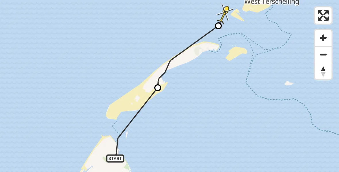 Routekaart van de vlucht: Politiehelikopter naar West-Terschelling