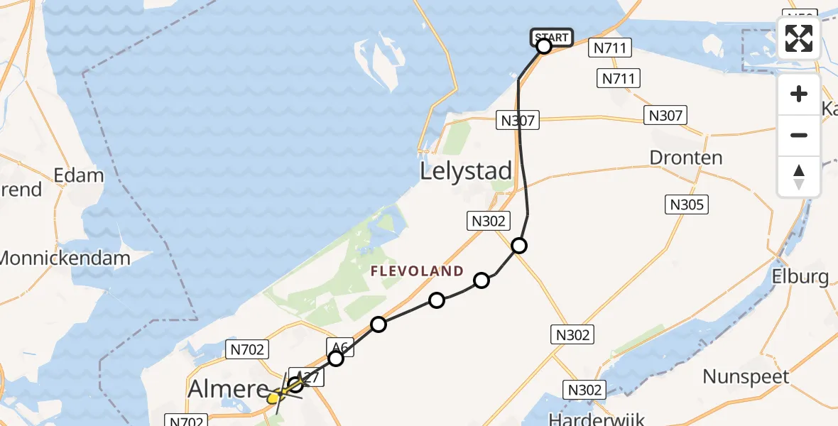 Routekaart van de vlucht: Politiehelikopter naar Almere