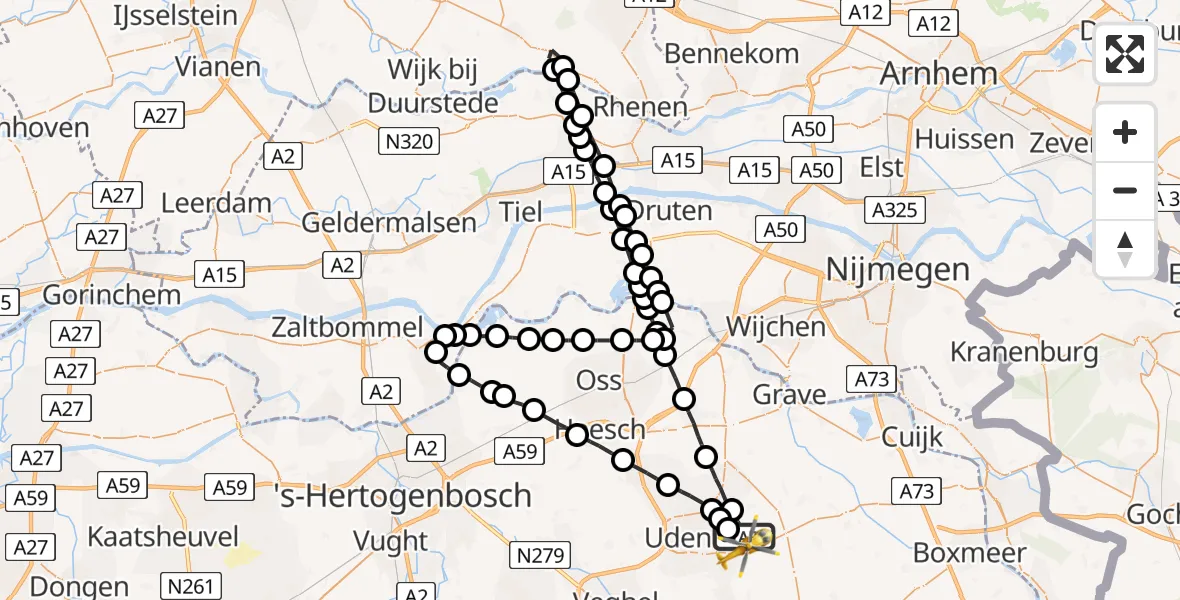 Vluchtroute Traumahelikopter Vliegbasis Volkel - Vliegbasis Volkel, 27 juli 2022, 19:41