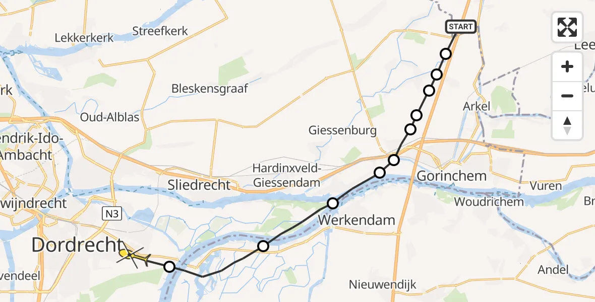 Routekaart van de vlucht: Politieheli naar Dordrecht