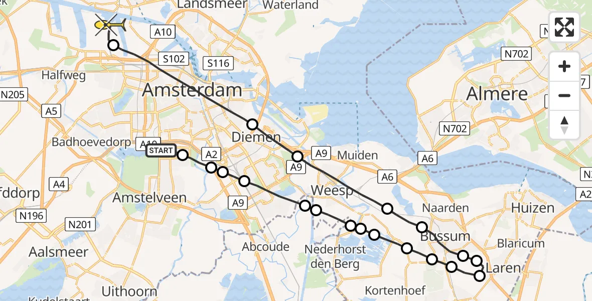 Routekaart van de vlucht: Lifeliner 1 naar Amsterdam Heliport