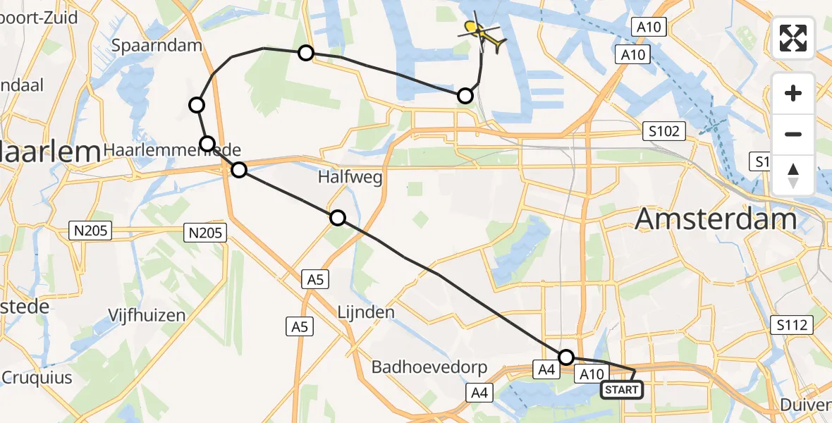 Routekaart van de vlucht: Lifeliner 1 naar Amsterdam Heliport