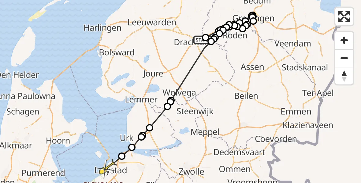 Routekaart van de vlucht: Politieheli naar Lelystad