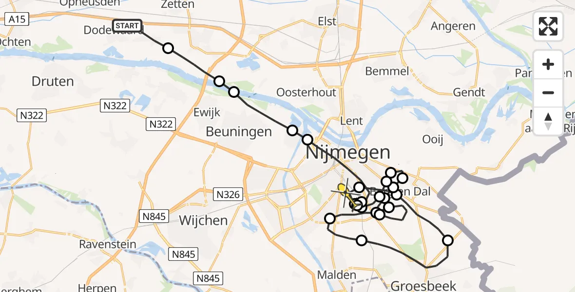 Routekaart van de vlucht: Lifeliner 3 naar Radboud Universitair Medisch Centrum