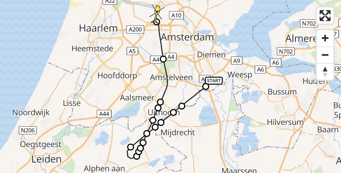 Routekaart van de vlucht: Lifeliner 1 naar Amsterdam Heliport