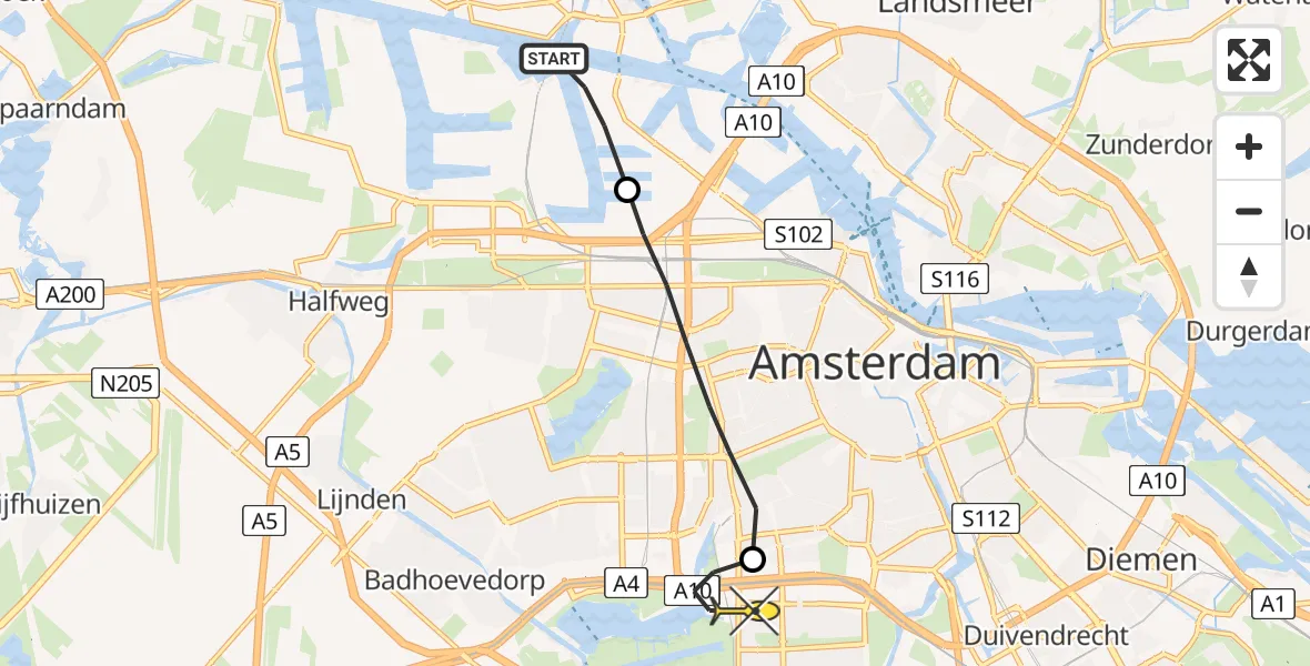 Routekaart van de vlucht: Lifeliner 1 naar VU Medisch Centrum Amsterdam