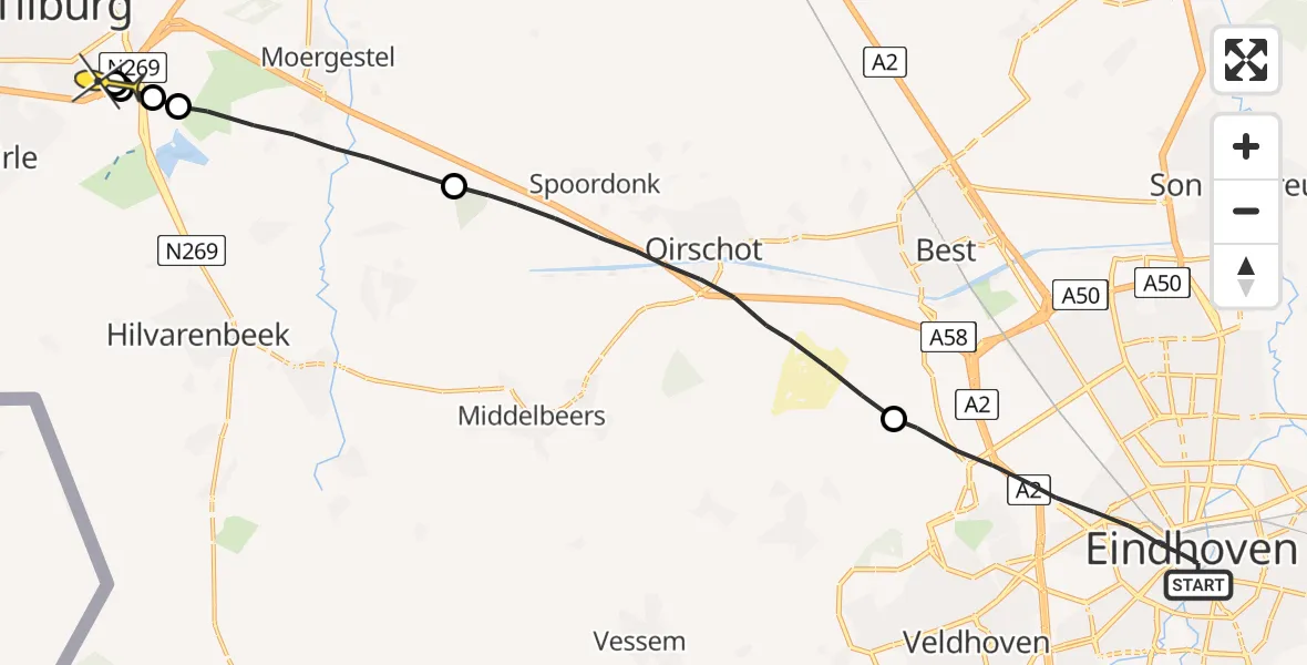 Routekaart van de vlucht: Lifeliner 3 naar Tilburg