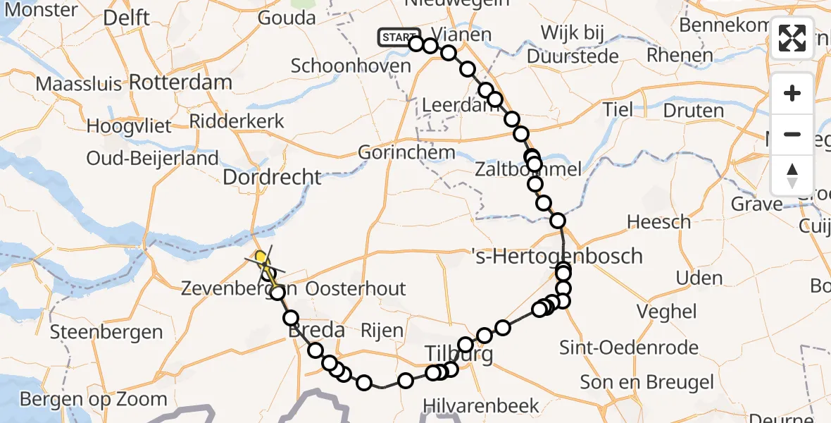 Routekaart van de vlucht: Politieheli naar Zevenbergschen Hoek