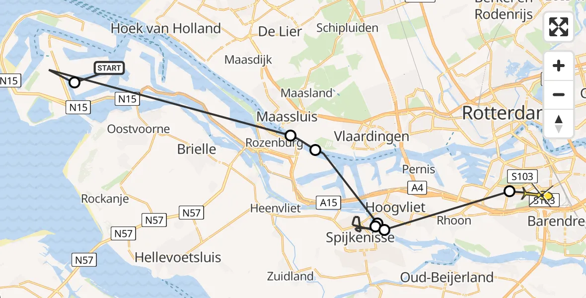 Vluchtroute Politiehelikopter van Maasvlakte Heliport naar Rotterdam
