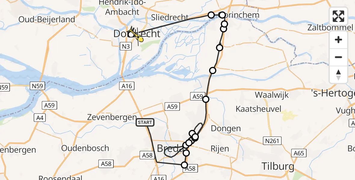 Routekaart van de vlucht: Politieheli naar Dordrecht