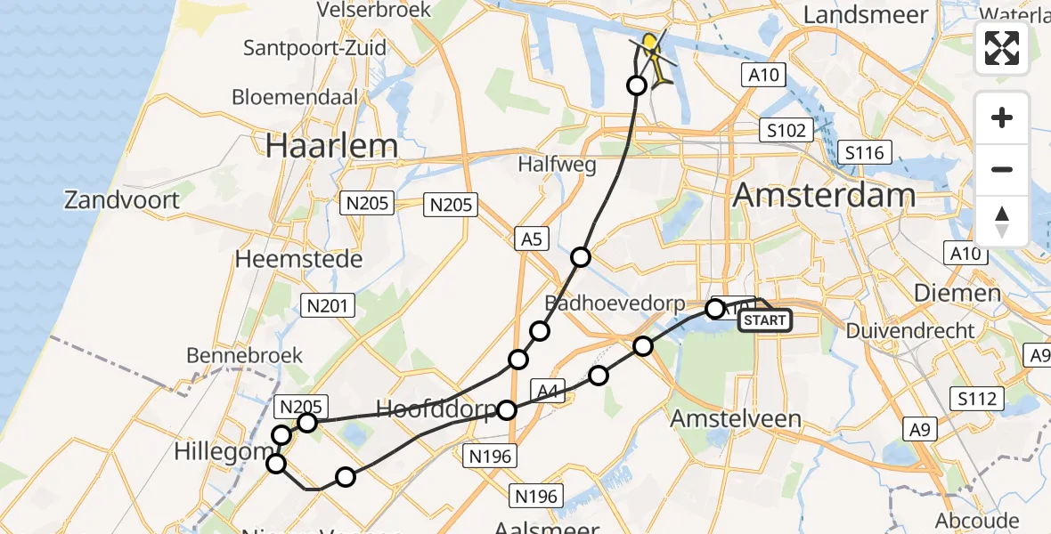 Routekaart van de vlucht: Lifeliner 1 naar Amsterdam Heliport