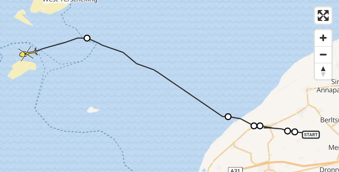 Routekaart van de vlucht: Ambulancehelikopter naar Vlieland