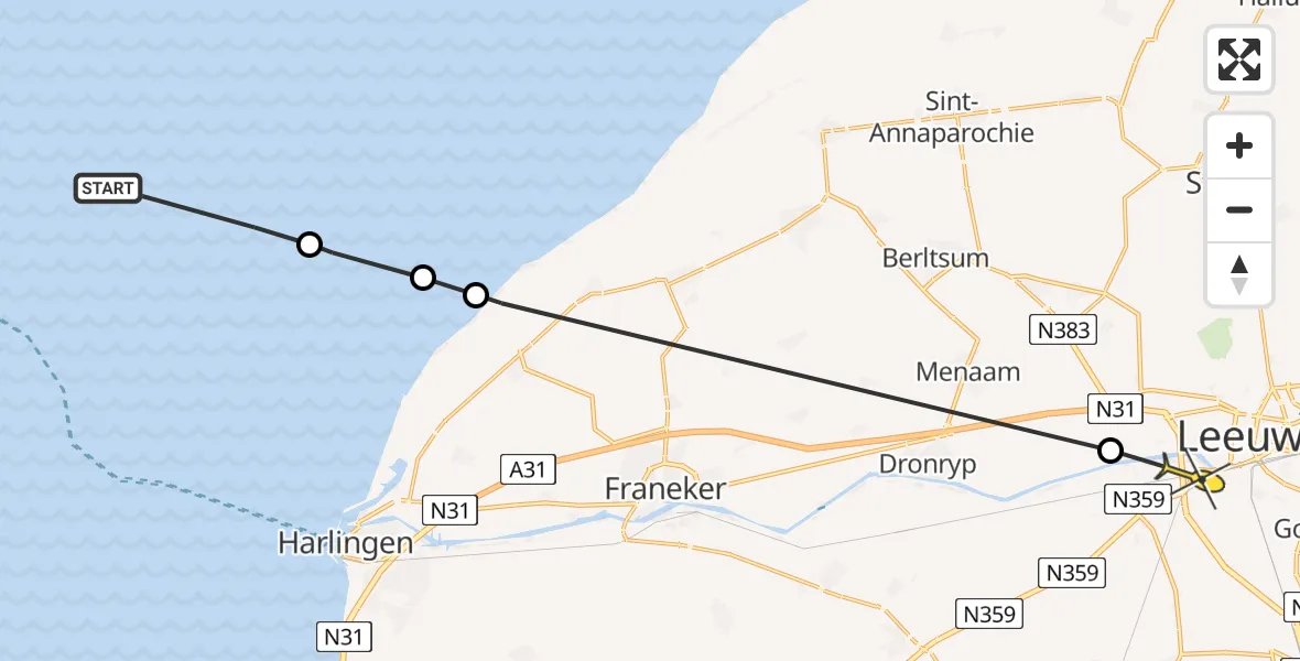 Routekaart van de vlucht: Ambulanceheli naar Leeuwarden