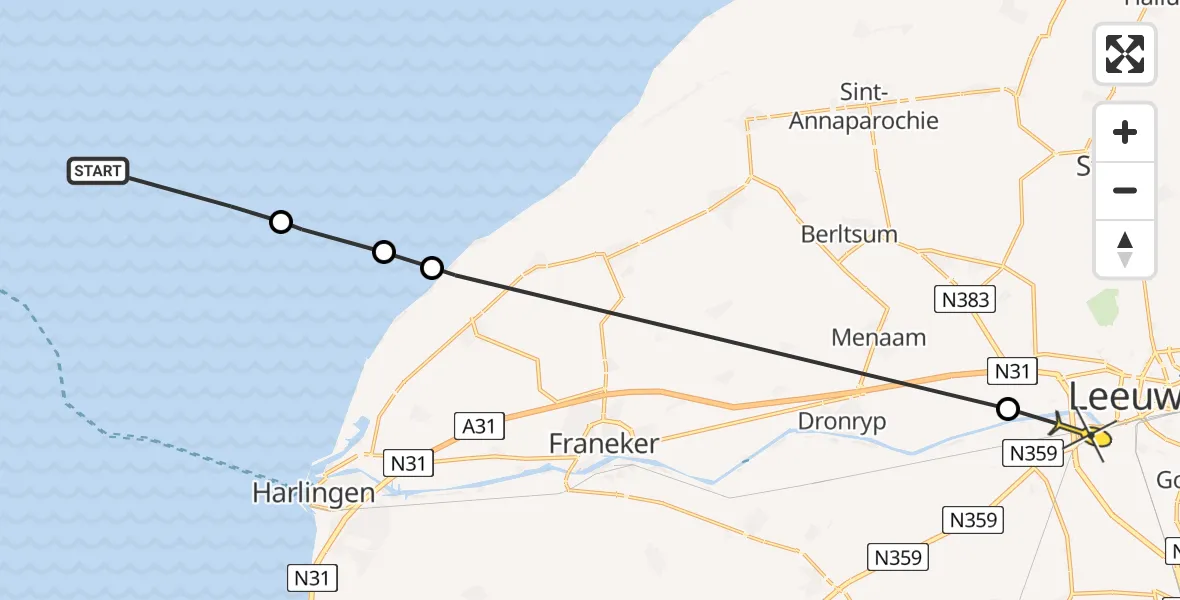 Routekaart van de vlucht: Ambulancehelikopter naar Leeuwarden