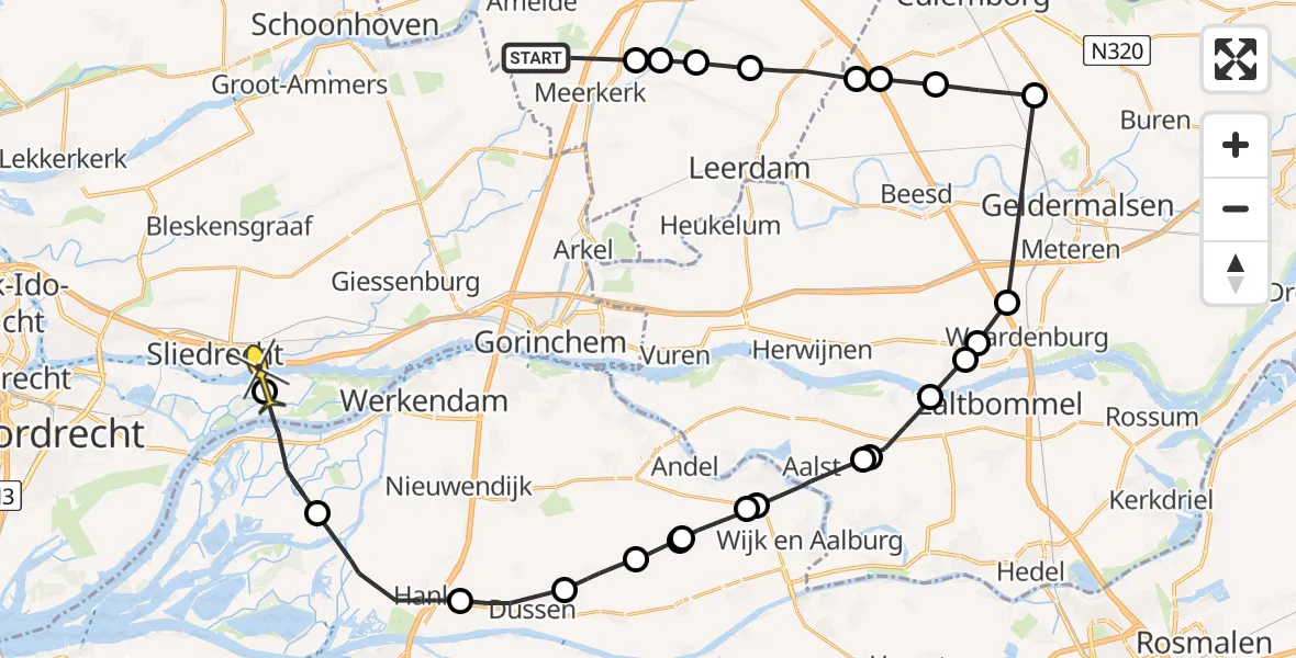 Routekaart van de vlucht: Politieheli naar Dordrecht