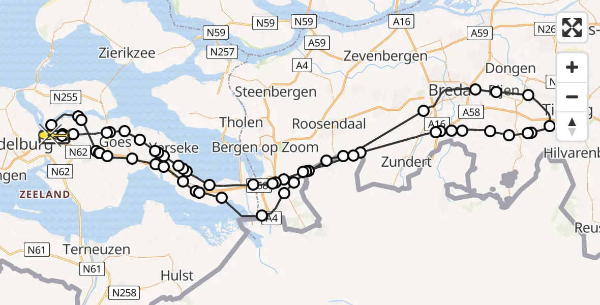 Routekaart van de vlucht: Politieheli naar Vliegveld Midden-Zeeland