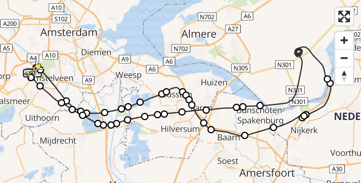 Routekaart van de vlucht: Politieheli naar Schiphol