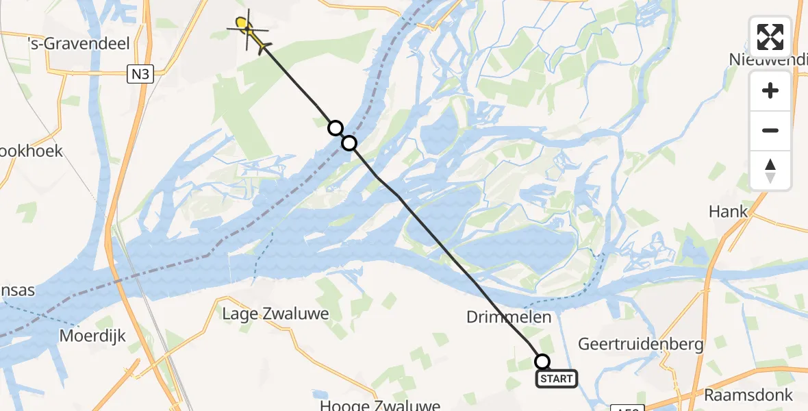 Routekaart van de vlucht: Politiehelikopter naar Dordrecht