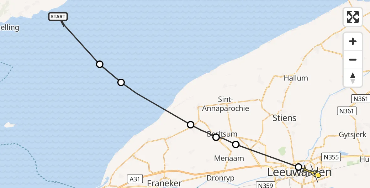 Routekaart van de vlucht: Ambulanceheli naar Leeuwarden